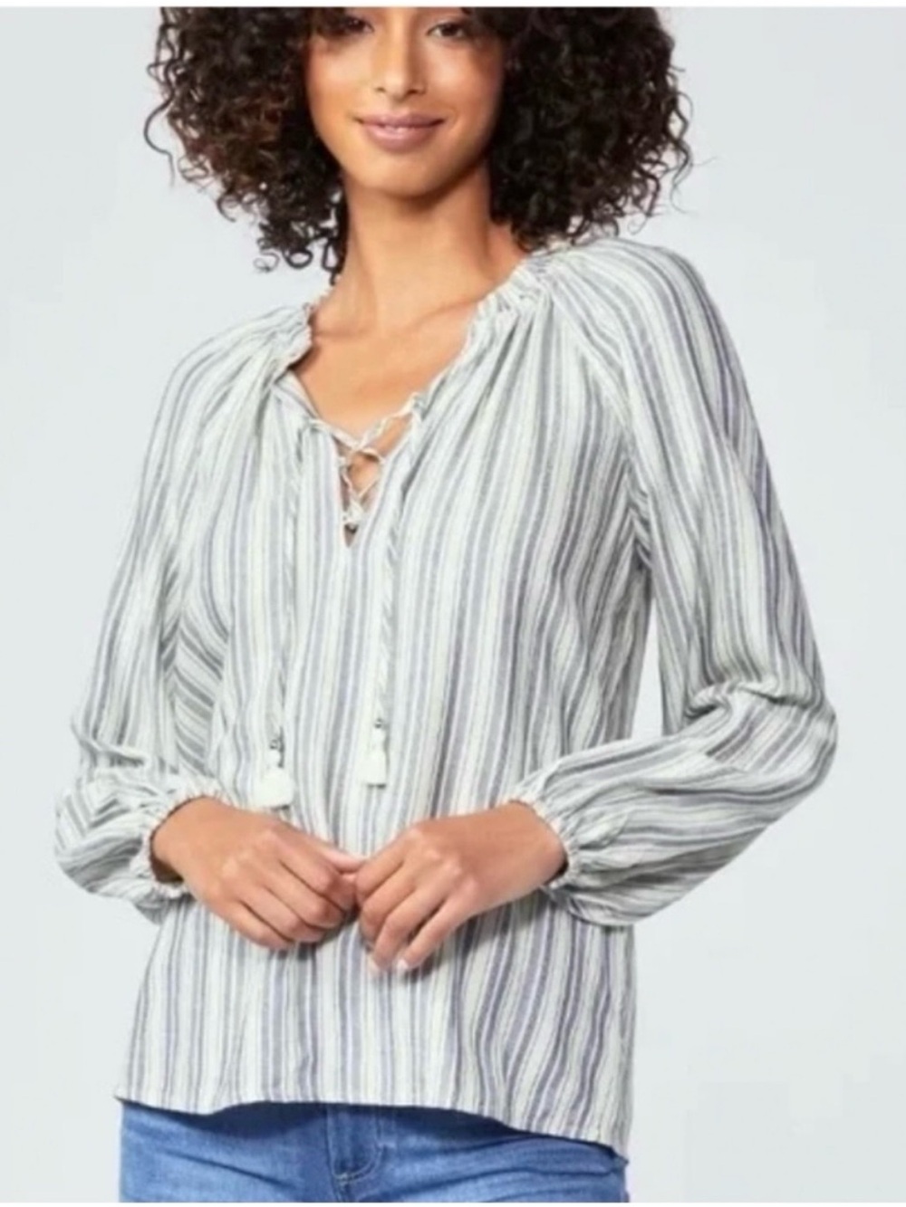 PAIGE Kara White and Gray Striped Tassel Peasant Blouse 💙💙